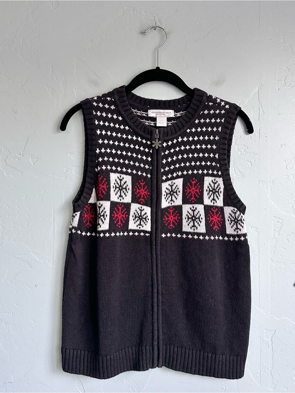 Christopher & Banks Black Knit Vest with Red & White Snowflake Motif